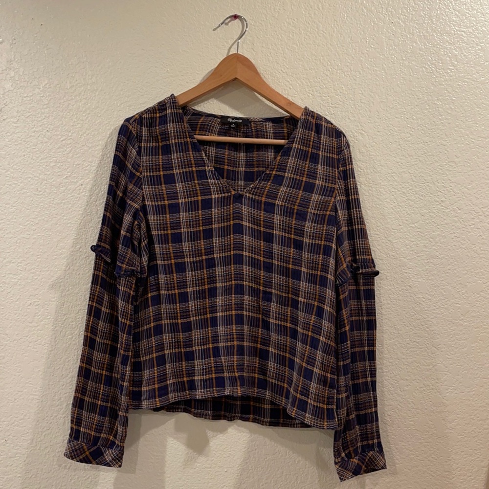 Madewell Plaid V-Neck Ruffle Top - Picture 1 of 5